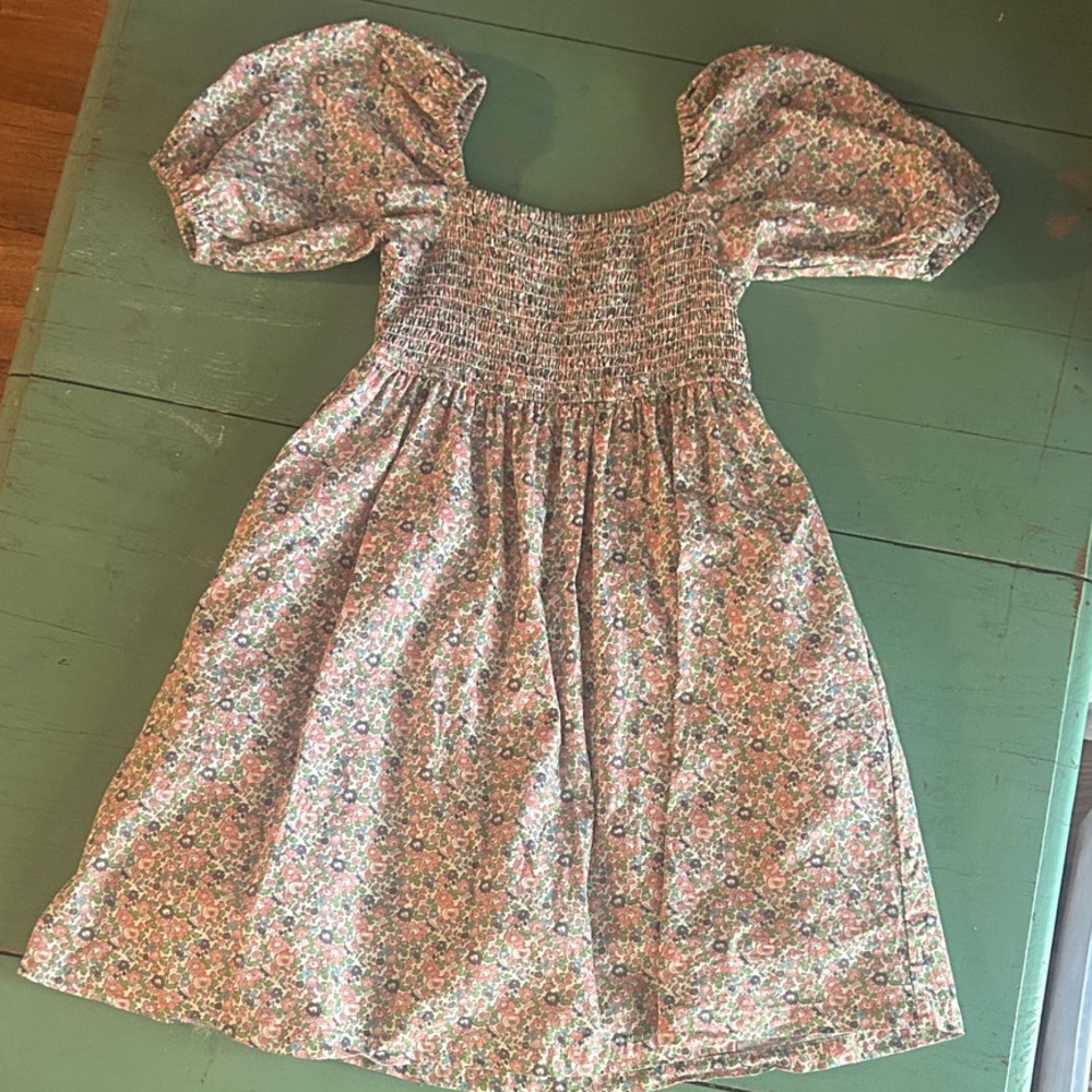 Girls Pink Floral Smocked Puff-Sleeve Casual Dress